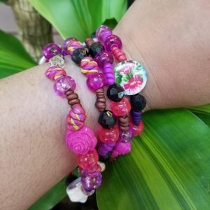 NWT Handmade Bracelet Handmade Necklace Magenta Pink Roses Clay Beads Meditation